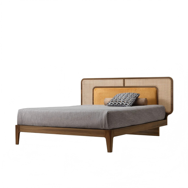 Modern Bedroom Bed, Wooden Bed walnut fabric bed