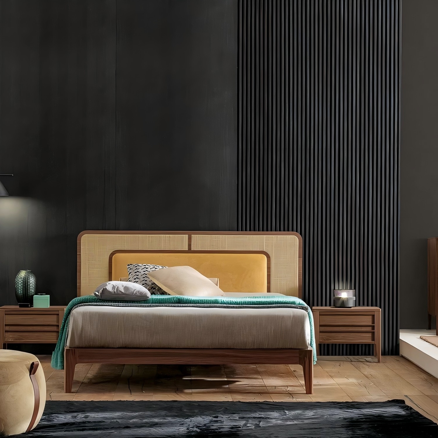 Modern Bedroom Bed, Wooden Bed walnut fabric bed
